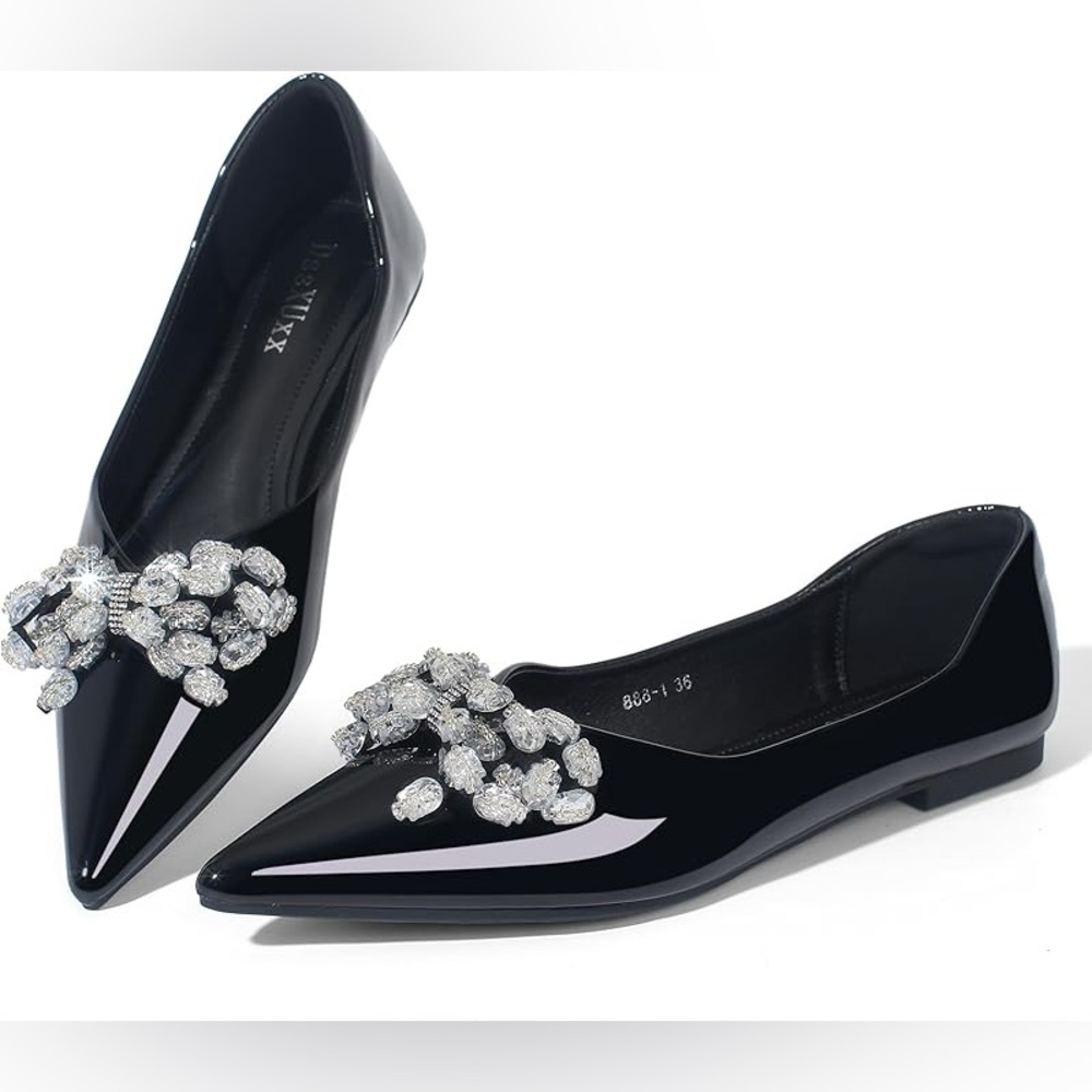 Dream Pairs Black Patent Leather Flats with Sparkling Embellishments